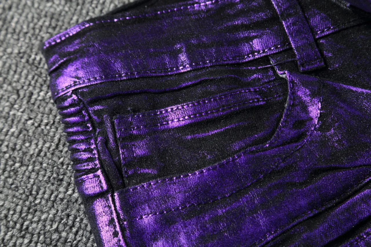 Pantalon style moto à panel ribeté violet métallique 7