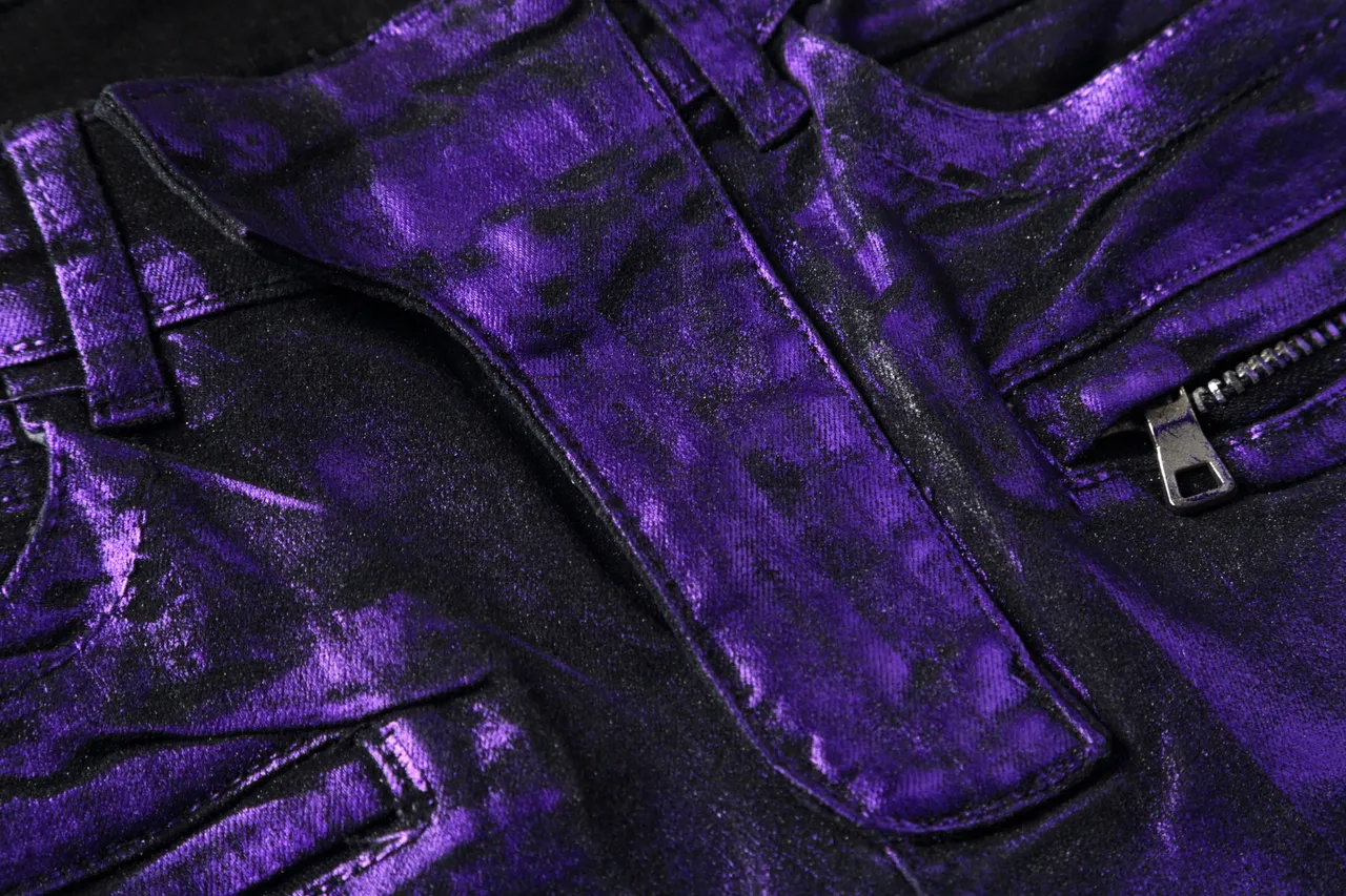 Pantalon style moto à panel ribeté violet métallique 8