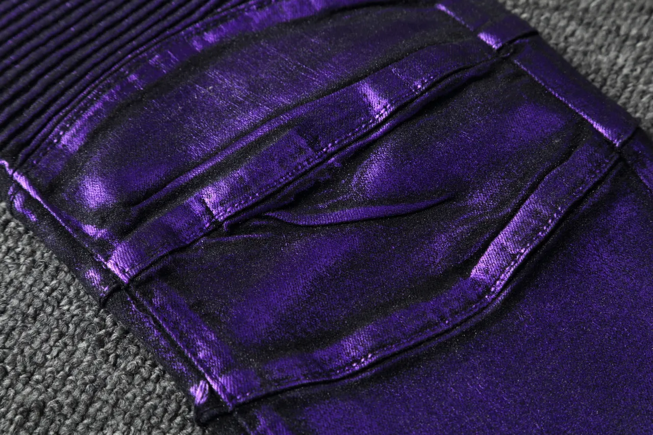 Pantalon style moto à panel ribeté violet métallique 12