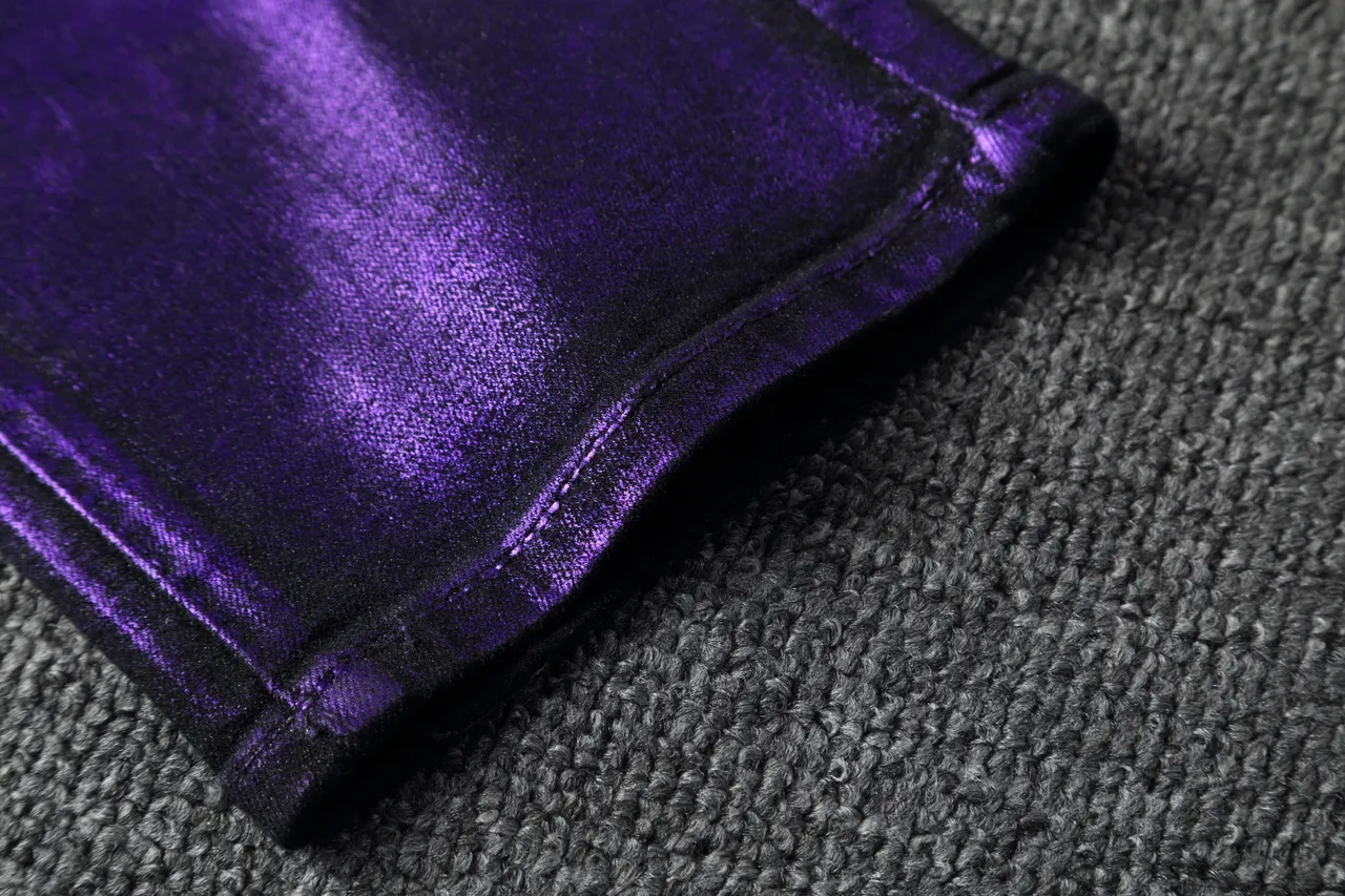 Pantalon style moto à panel ribeté violet métallique 13