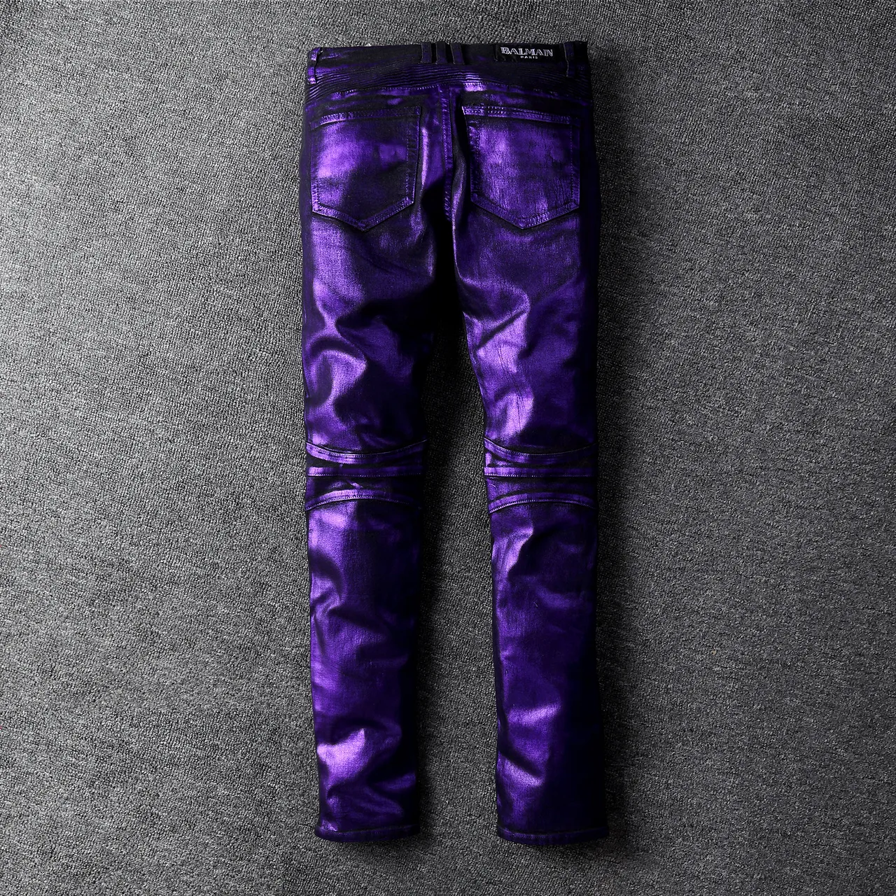 Pantalon style moto à panel ribeté violet métallique 14