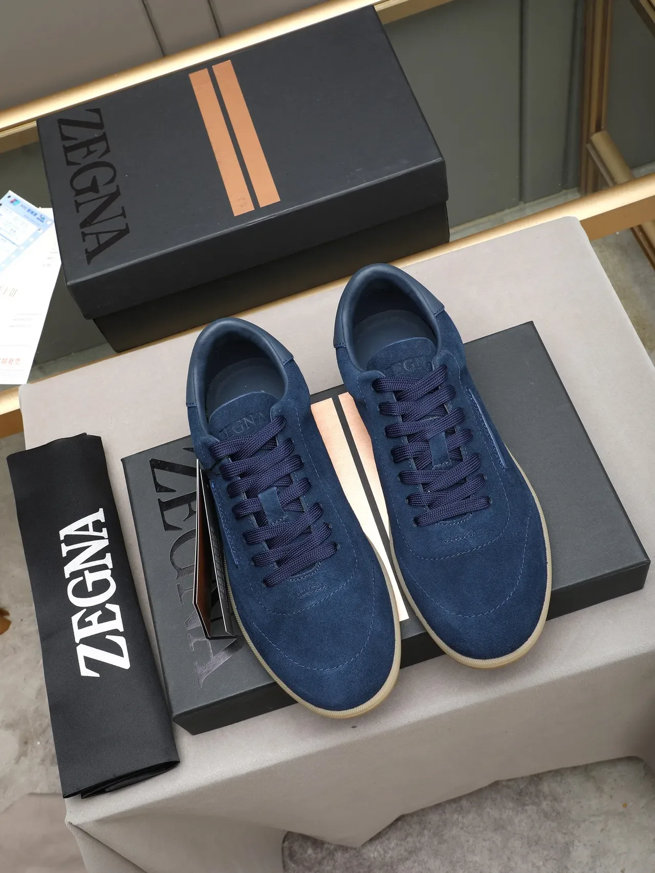 Navy Beige Suede Upper Gum Rubber Sole Sneakers 3