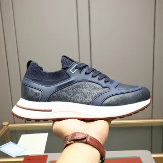 حذاء رياضي Navy Brown بياقة محبكة ولوحات جلد مقشر
