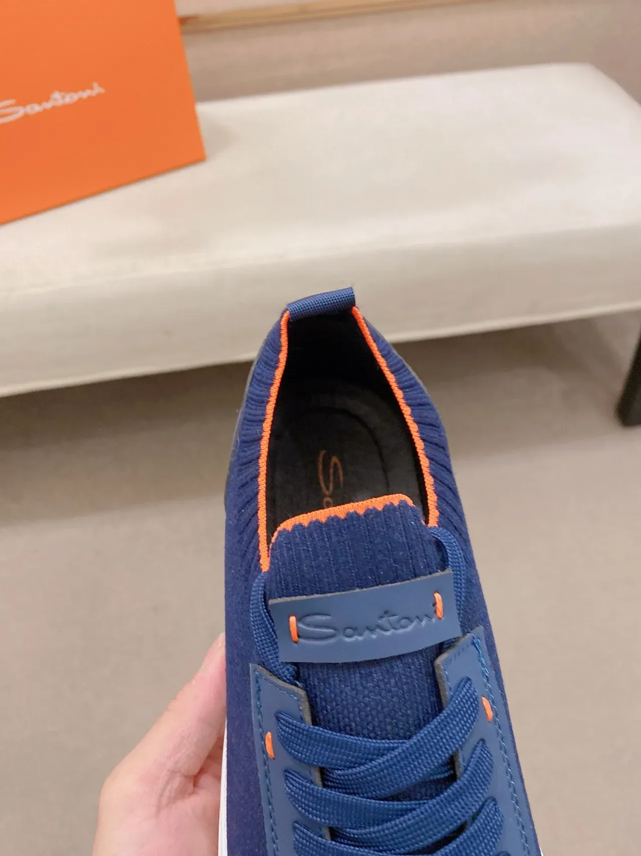 Navy Orange Knit Upper Sock-Fit Collar Sneakers 4