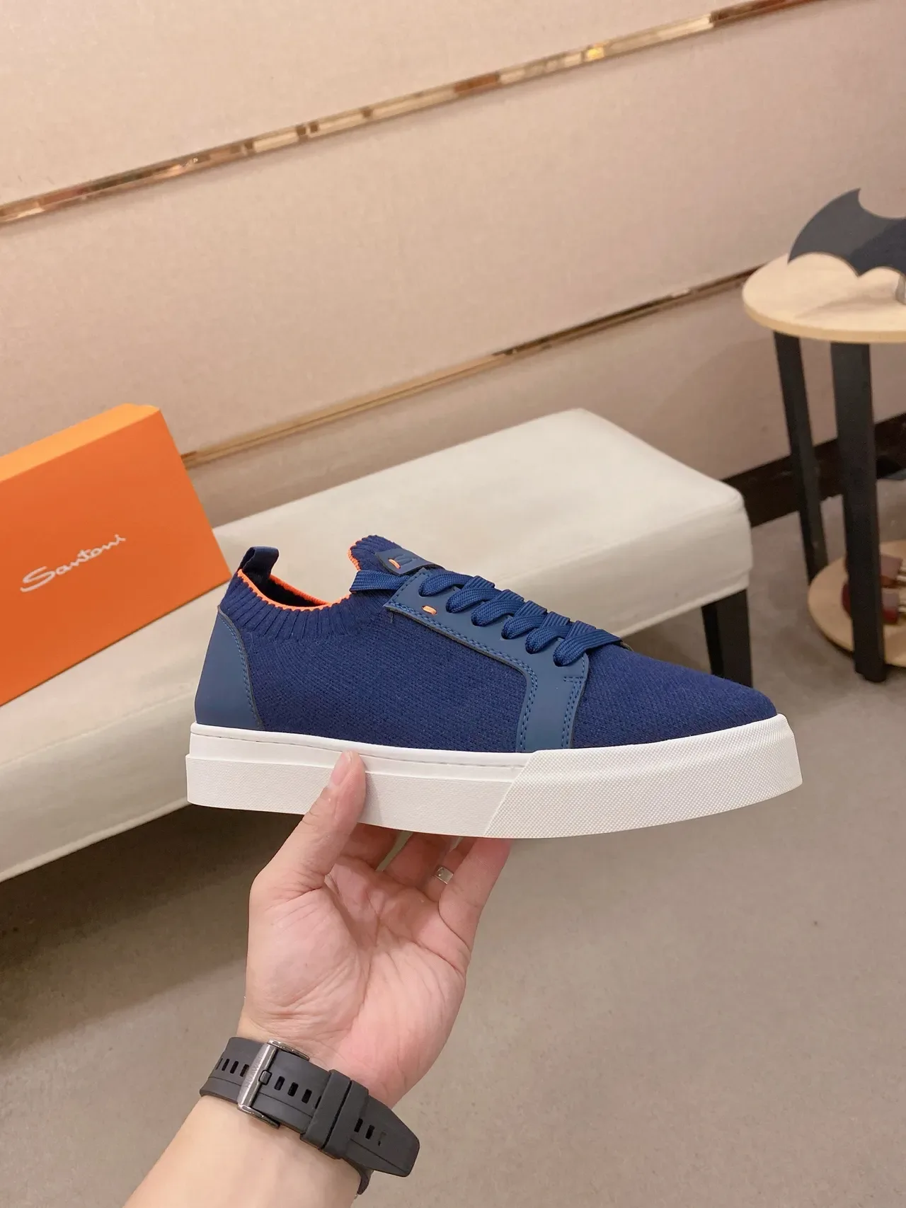 Navy Orange Knit Upper Sock-Fit Collar Sneakers 5