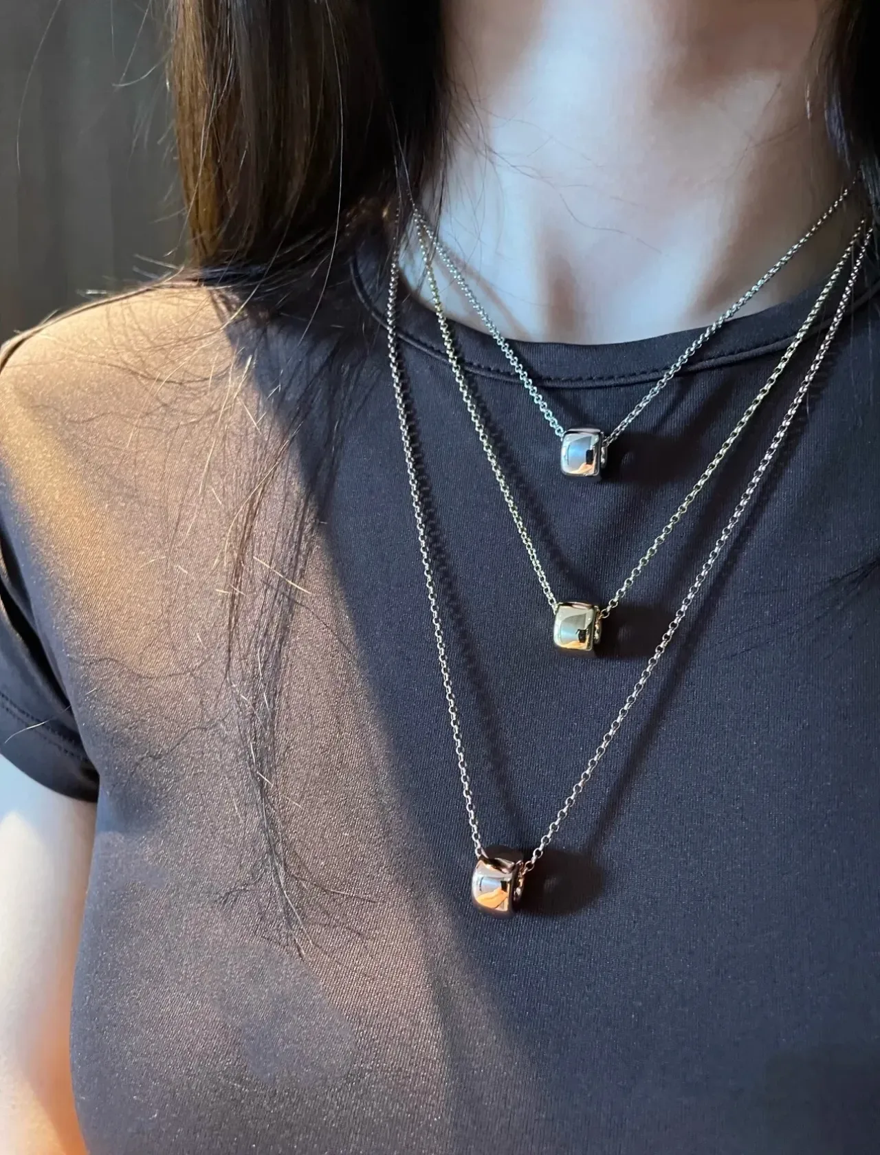 Navy Silver Fine Curb Chain Cubic Pendant Necklace 2