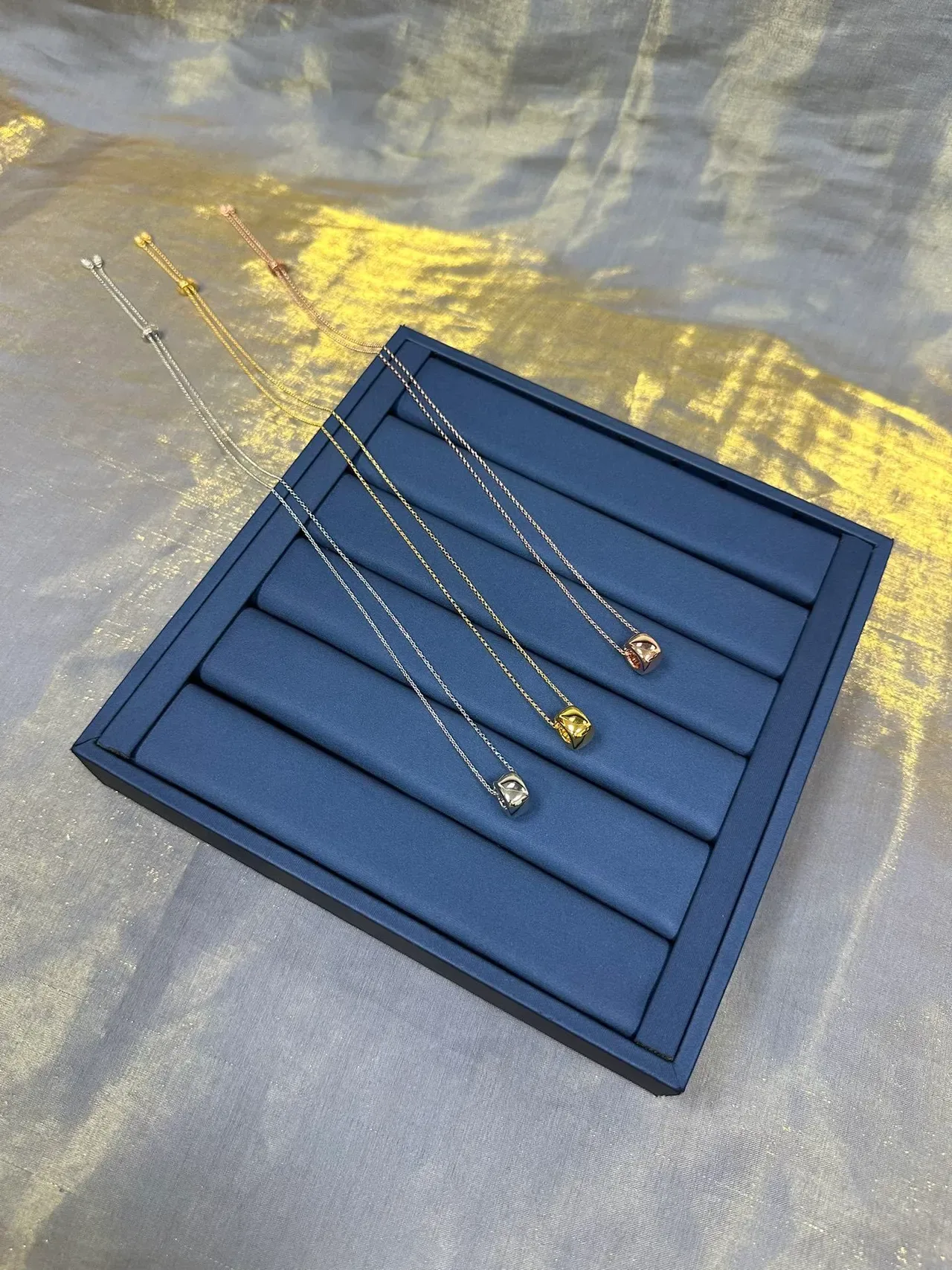 Navy Silver Fine Curb Chain Cubic Pendant Necklace 8