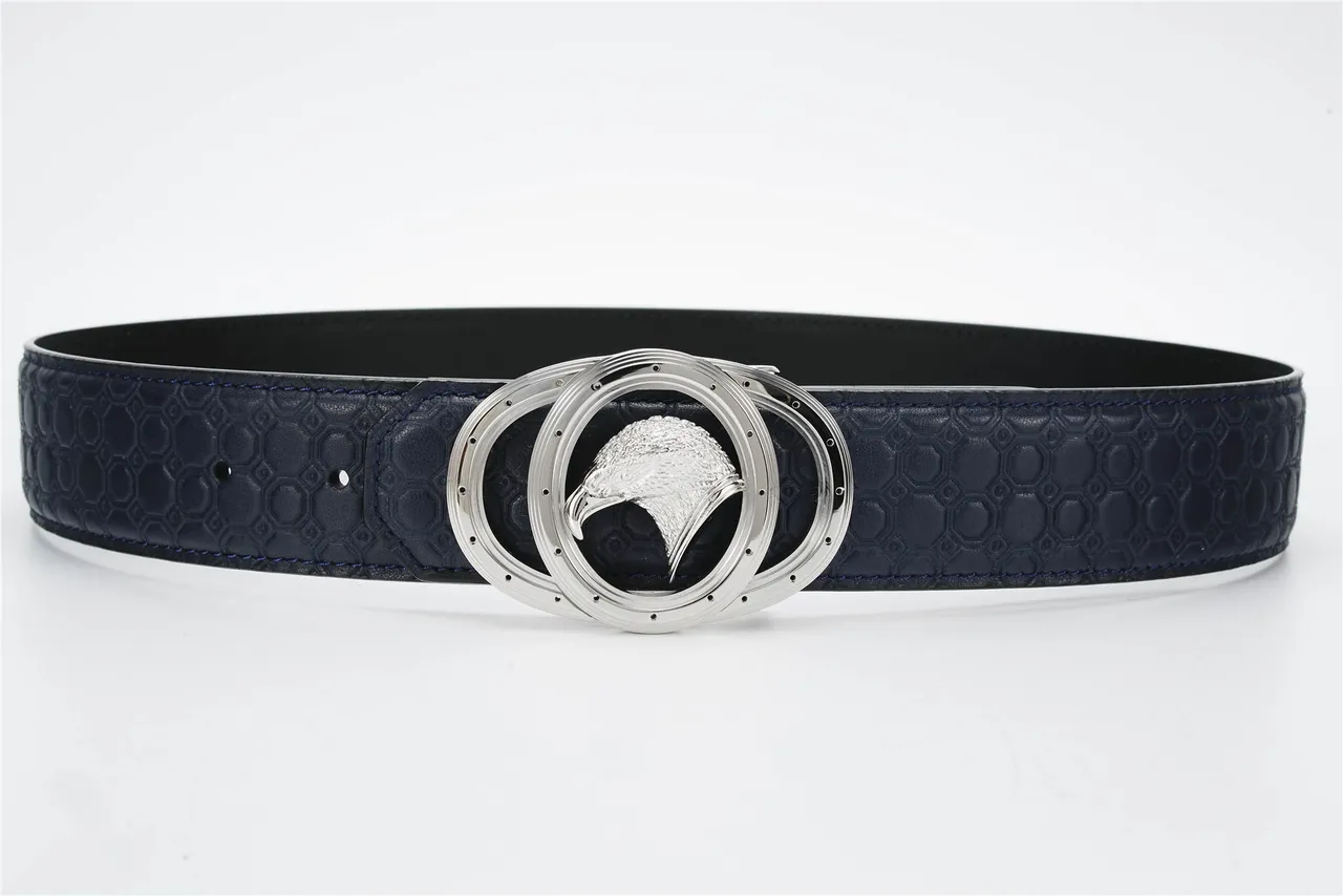 Navy Silver Hexagonal Embossed Sculpted Eagle Head Buckle Leather Belt 8