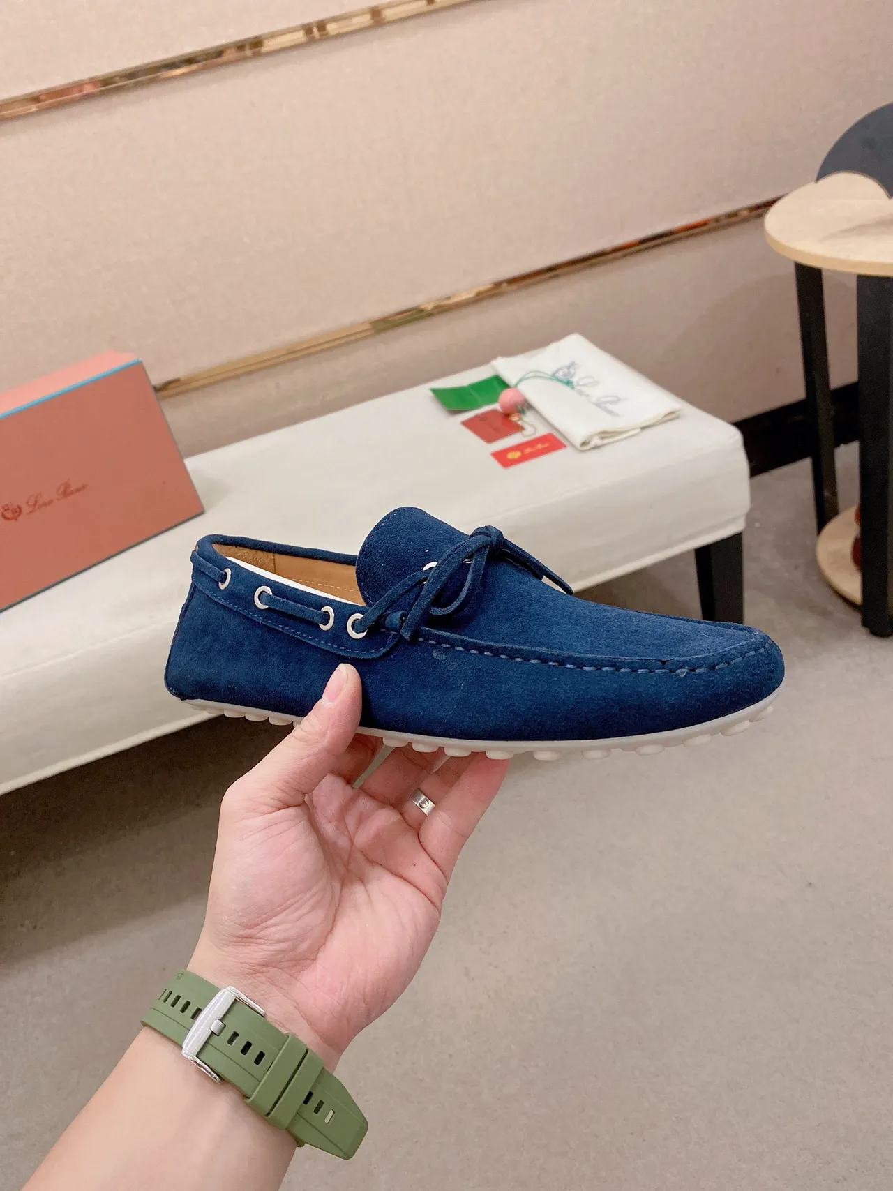 Navy White Suede Upper Moc-Toe Stitching Loafer 4