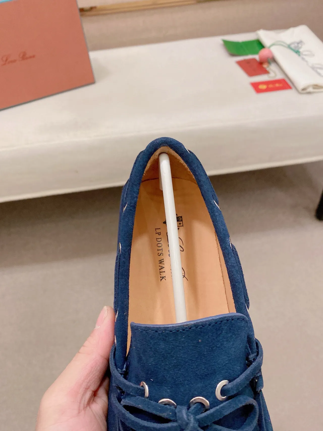 Navy White Suede Upper Moc-Toe Stitching Loafer 6