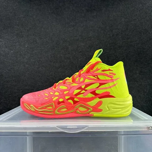 Neon Yellow and Pink Flame-Overlay High-Top Sneakers 2