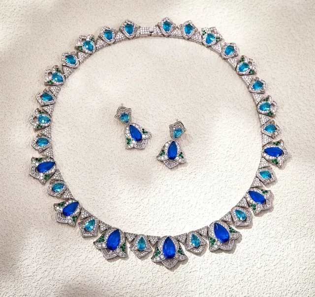 Ornate Leaf-Shape Teardrop Blue and Green Stone Earrings 3