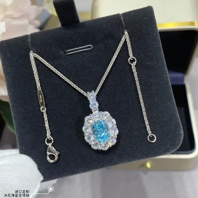 Colar Pendente Gema Azul Ovalada Halo Cluster 3