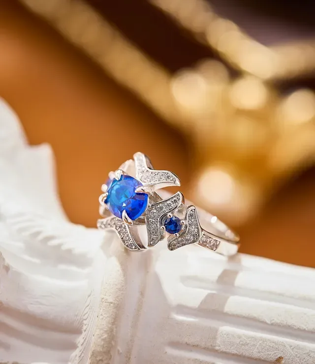 Oval Blue Sapphire and Diamond Pavé Sculpted Band Ring 6
