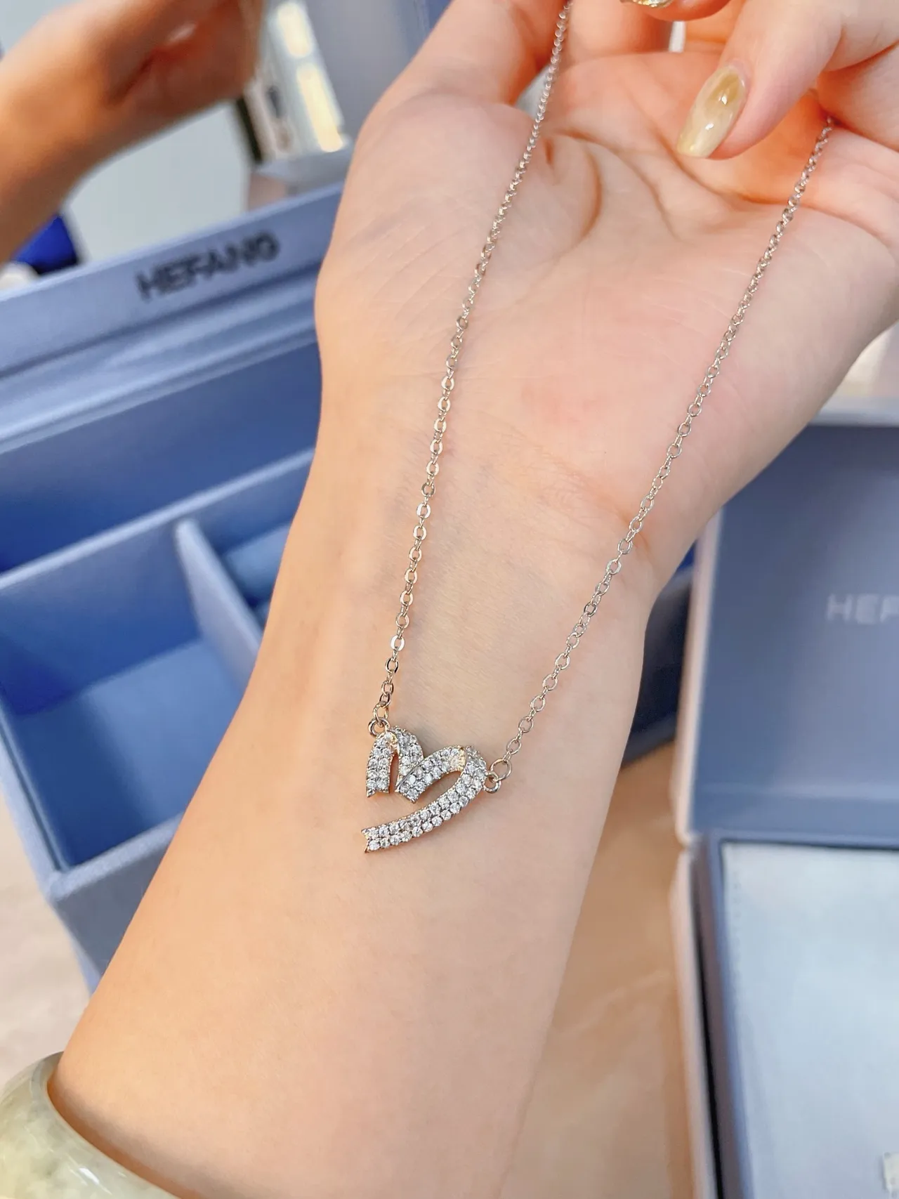 Pavé Crystal Double Heart Motif Silver-Tone Necklace 5