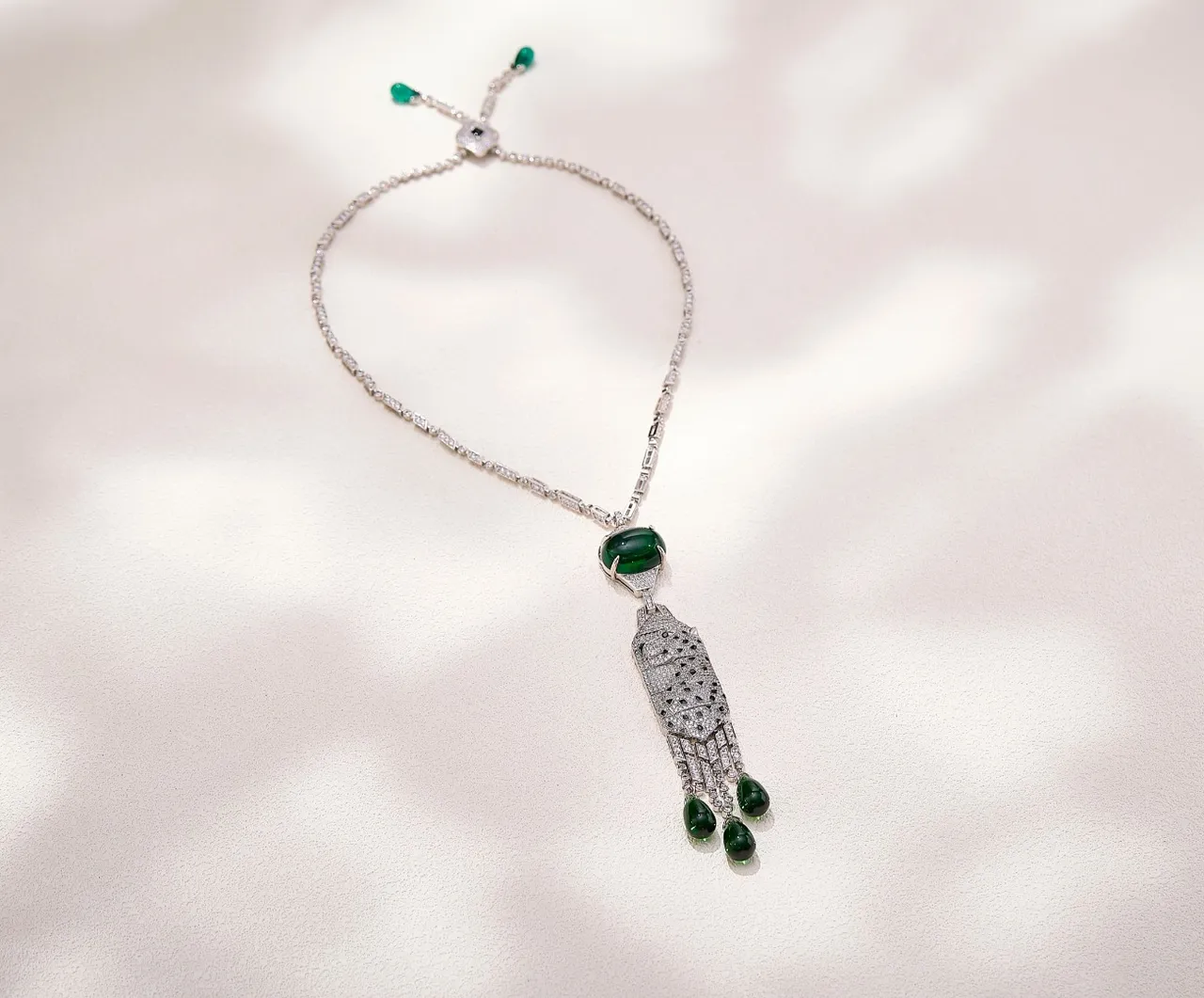Pavé-Set Blue Gemstone Leopard Motif Tassel Pendant Necklace 6