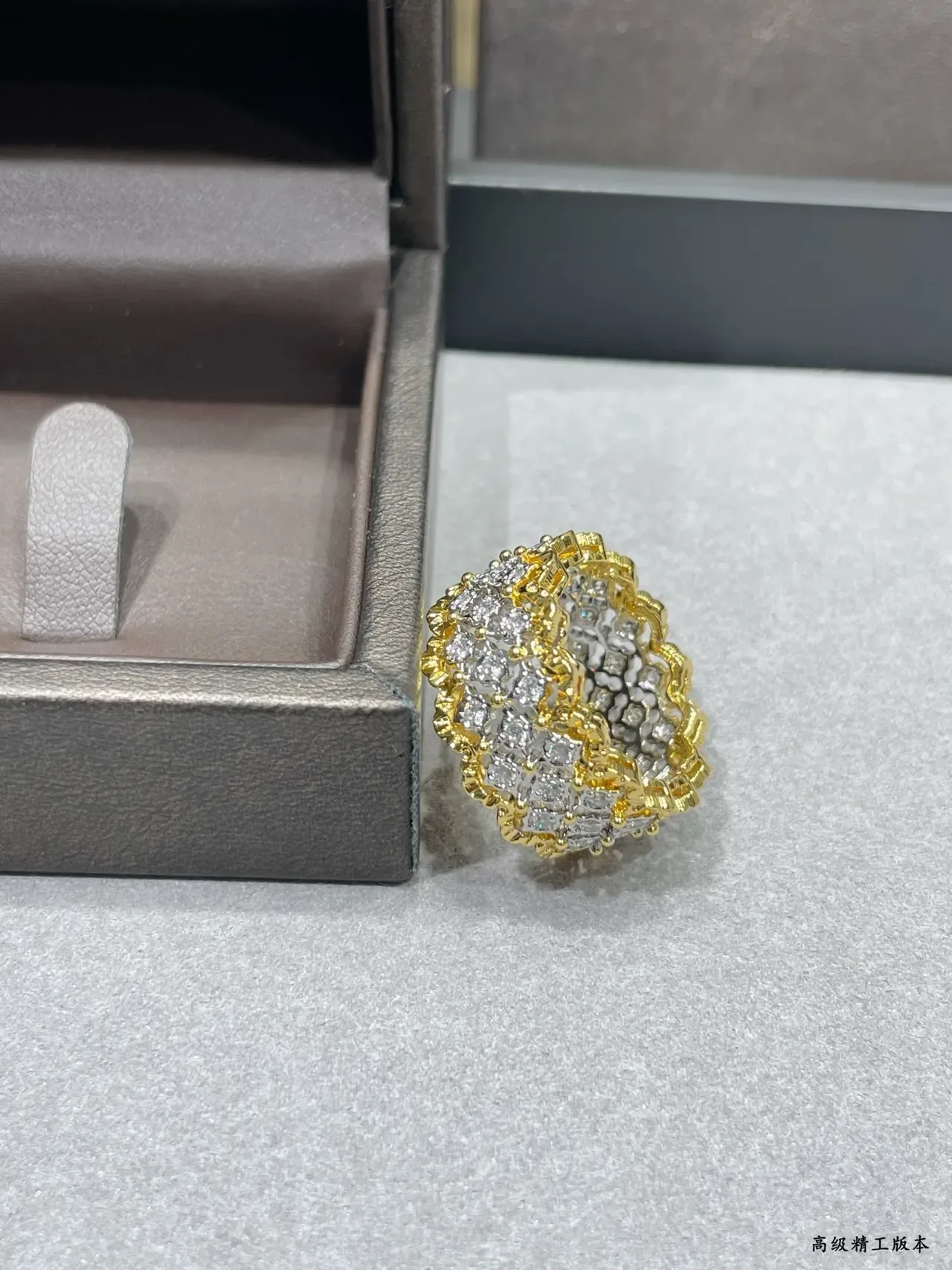 Pavé-Set Multi-Row Textured Gold-Tone Geometric Lattice Ring 6