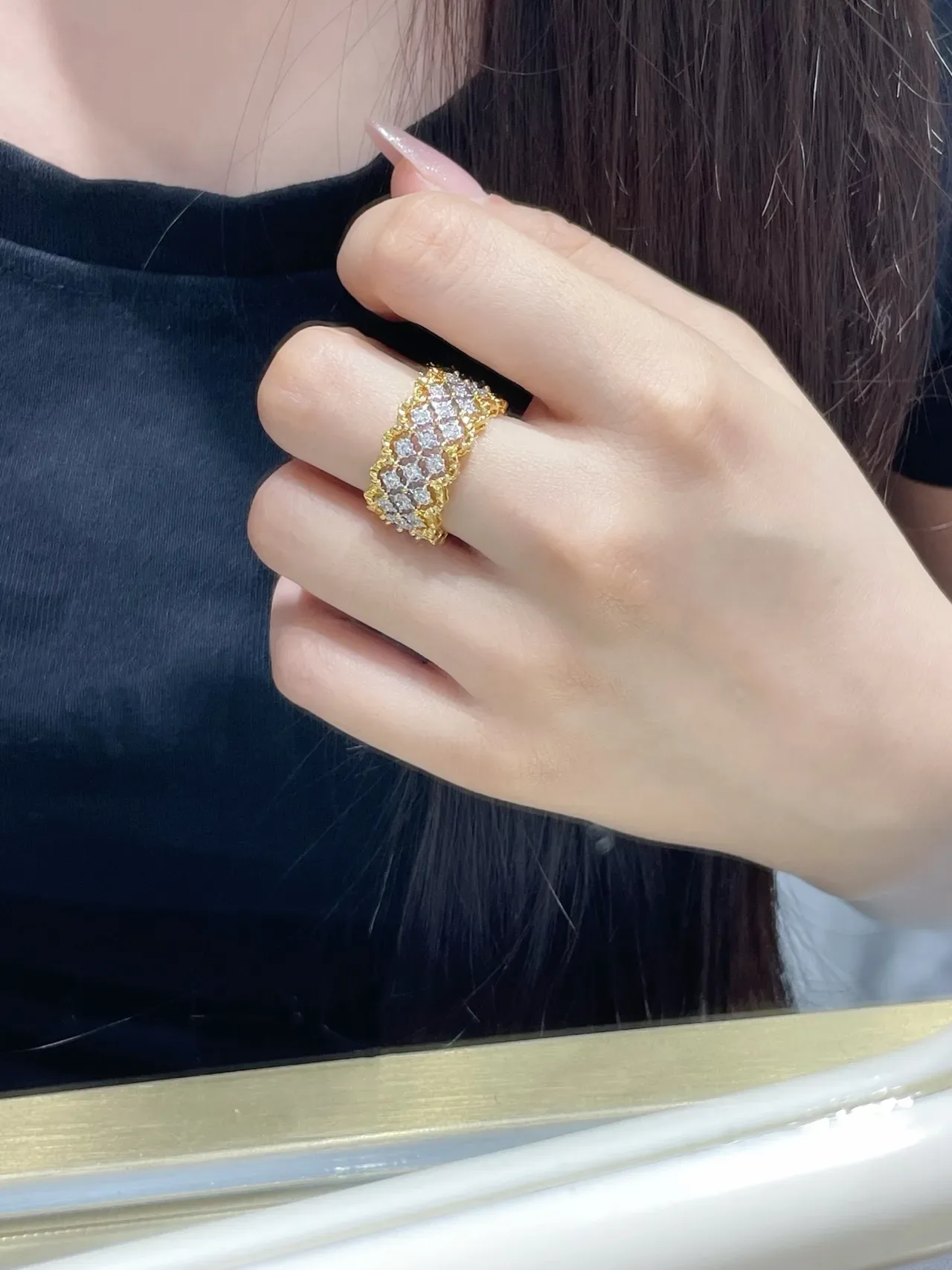 Pavé-Set Multi-Row Textured Gold-Tone Geometric Lattice Ring 9