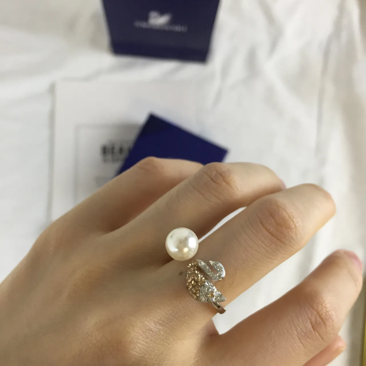 Pearl and Crystal Swan Open Ring 4