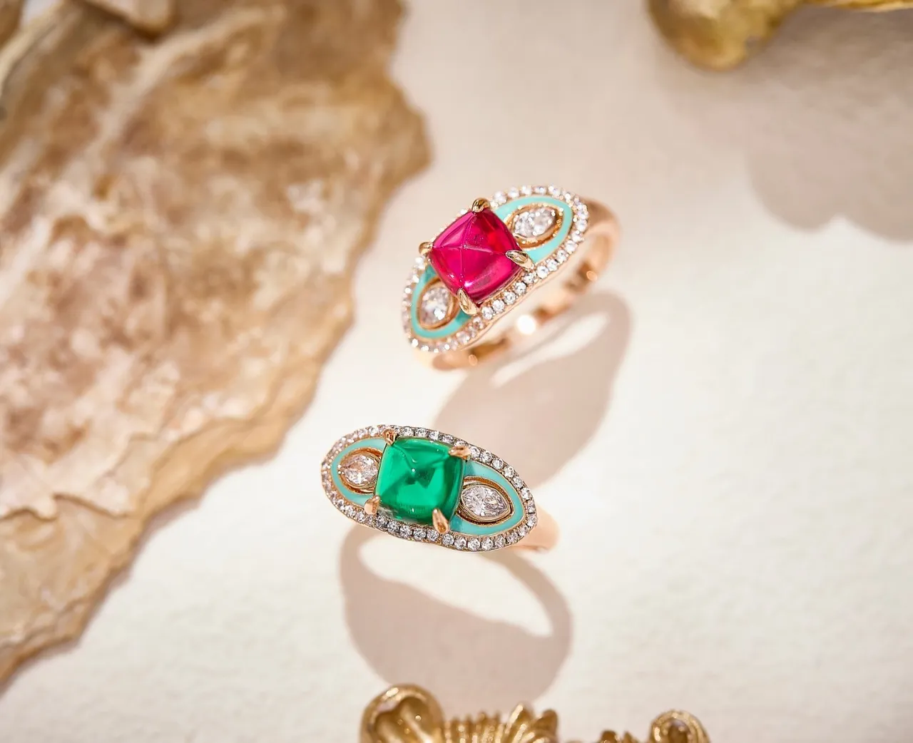 Pink Gemstone and Turquoise Enamel Asymmetrical Pavé Ring 4