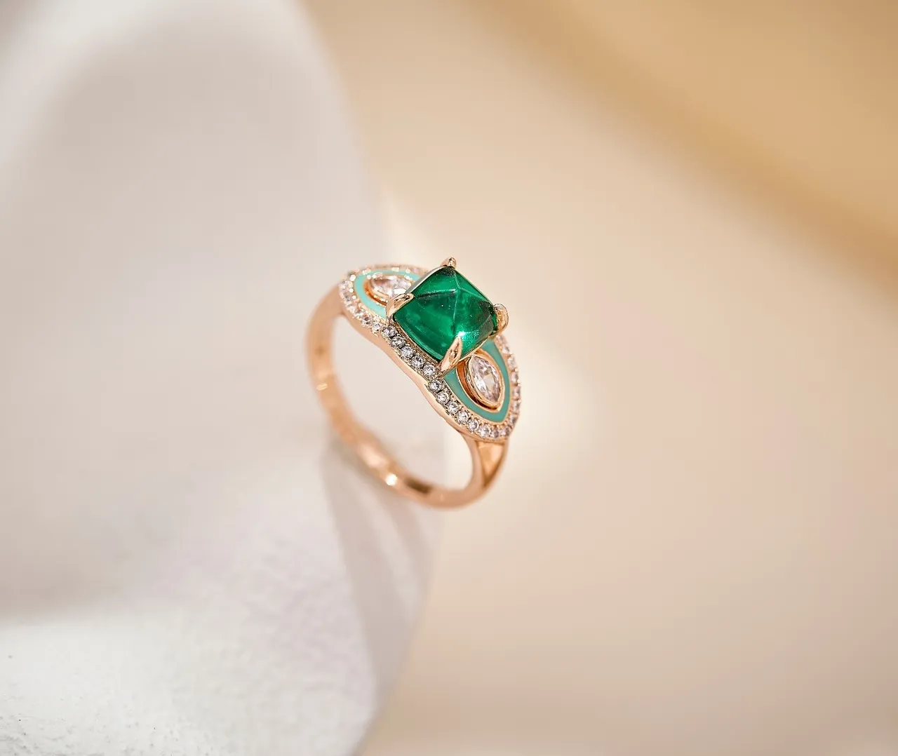 Pink Gemstone and Turquoise Enamel Asymmetrical Pavé Ring 5