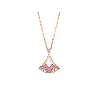 Collier pendentif en forme d'éventail en or rose avec serti rose