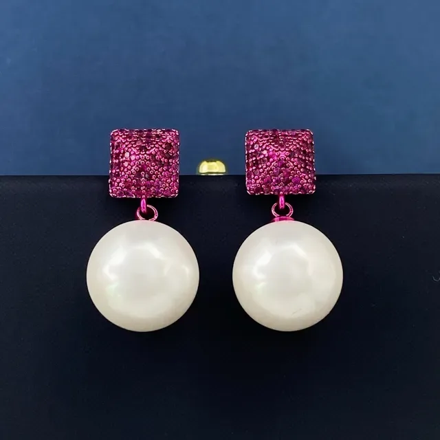 Pink Pavé Square and White Pearl Drop Earrings 5