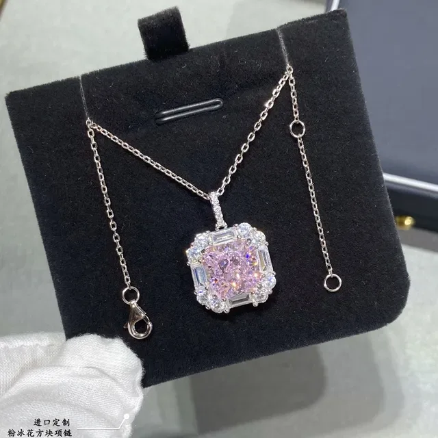 Pink Silver Square-Cut Central Gem Halo Setting Necklace 2