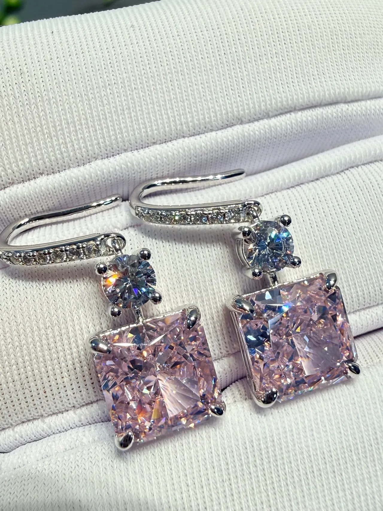 Pink Silver Square-Cut Gemstone Pave-Set Clear Stones Earrings 5