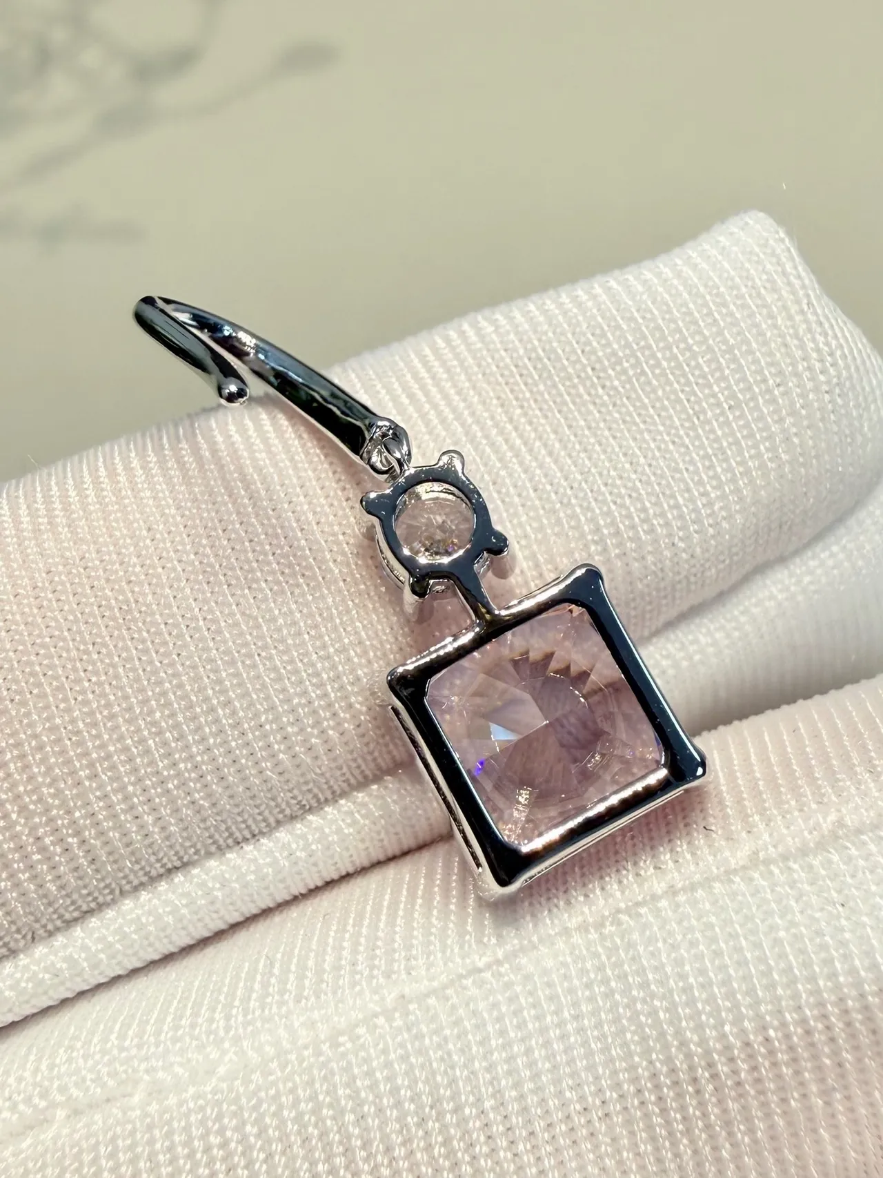 Pink Silver Square-Cut Gemstone Pave-Set Clear Stones Earrings 7
