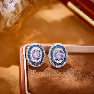 Brincos Roxo Azul Oval Halo Design Baguette-Cut Border