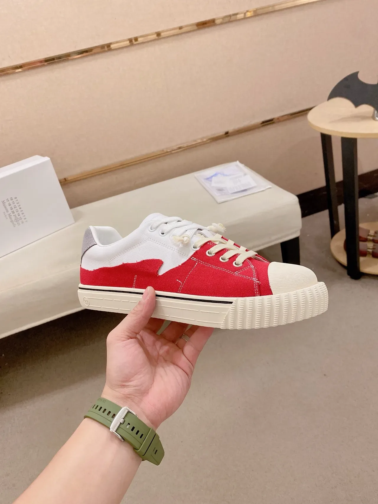 Red and White Asymmetrical Paint-Splatter Canvas Platform Sneaker 4