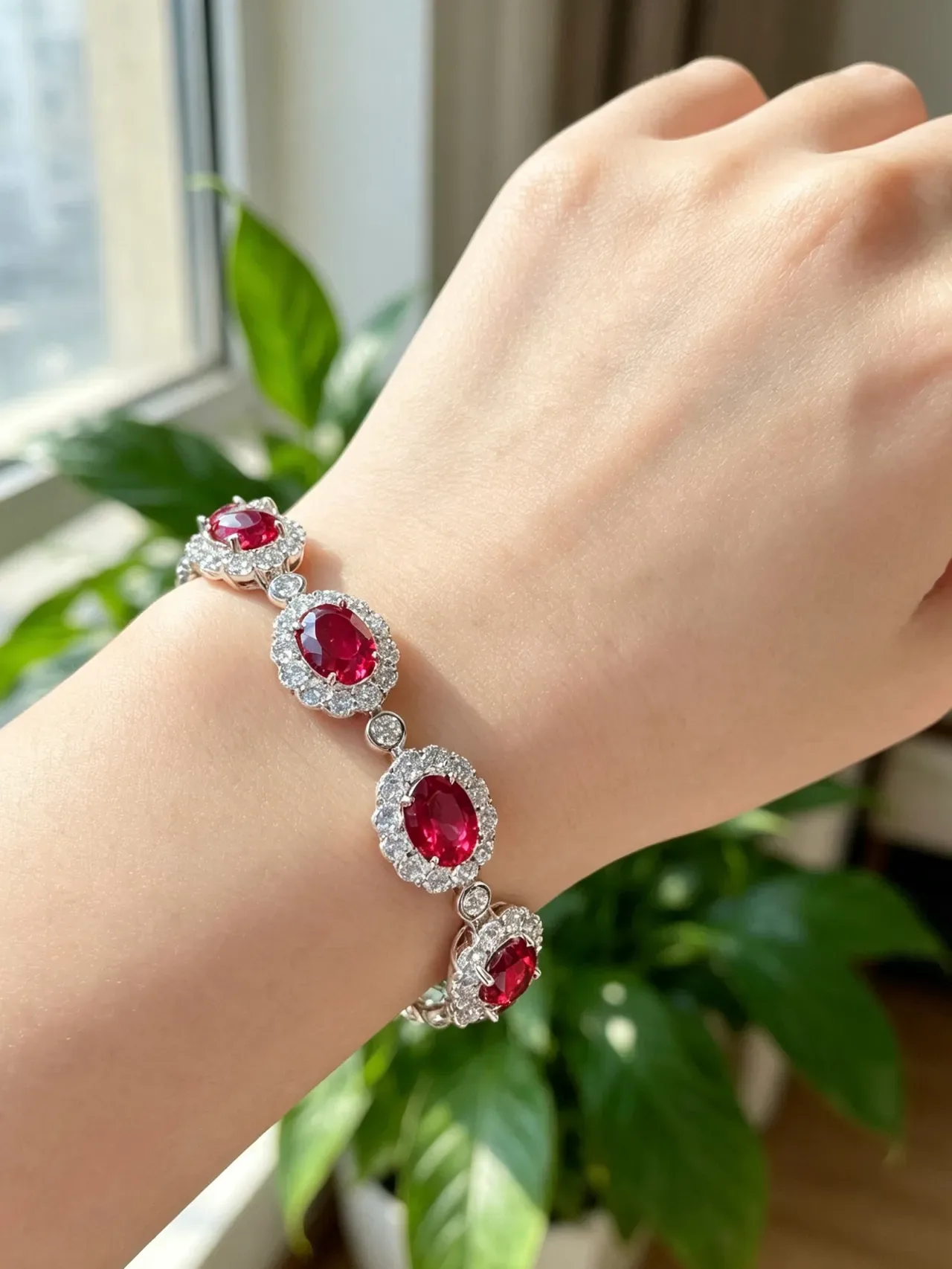 Red Gemstone Halo Link Bracelet 9