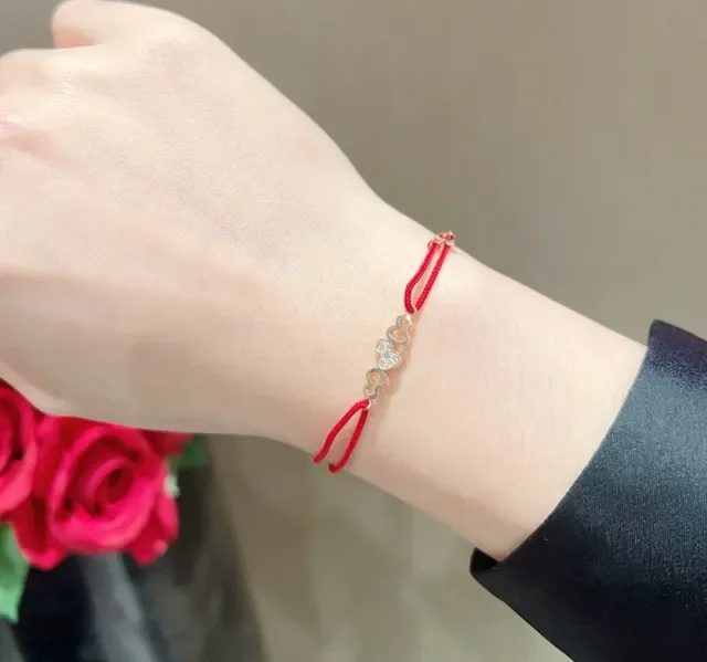 Red Gold Braided Cord Heart Charms Bracelet 8