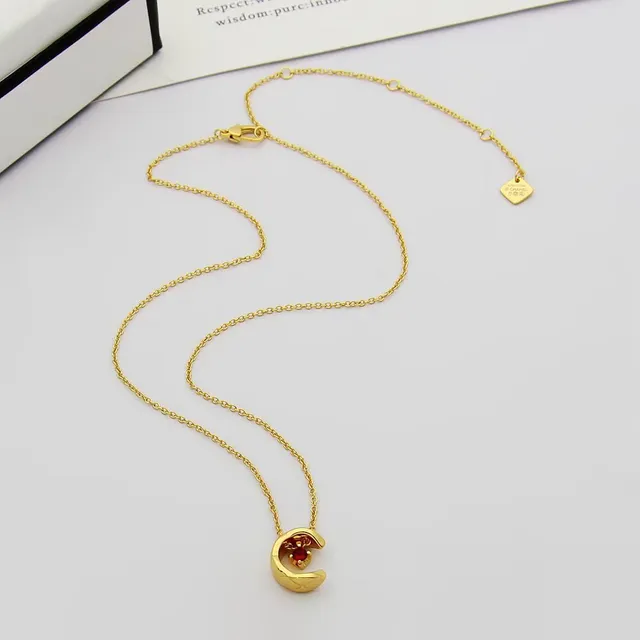 Red Gold Crescent Moon Pendant Gemstone Centerpiece Necklace 5