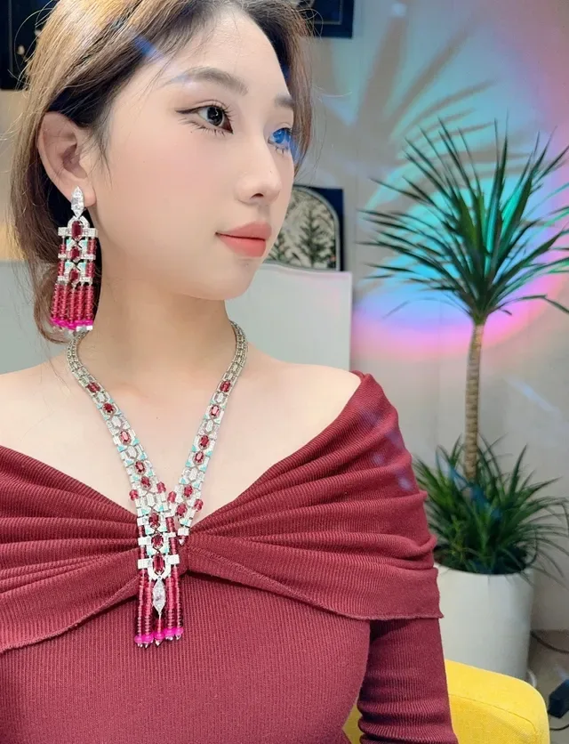 Red Pink Geometric Gemstone Mosaic Multi-Tiered Beaded Fringe Earrings 4