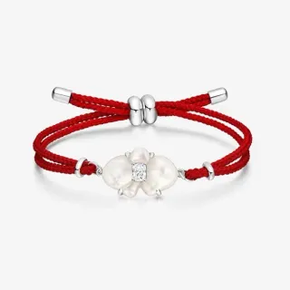 Red Silver Braided Cord Pearl Flower Motif Bracelet