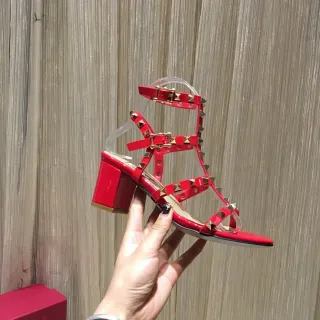 Red Studded Block Heel Gladiator Sandals