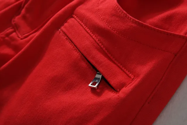 Red Zippered Thigh Pocket Quilted Knee Pants 14