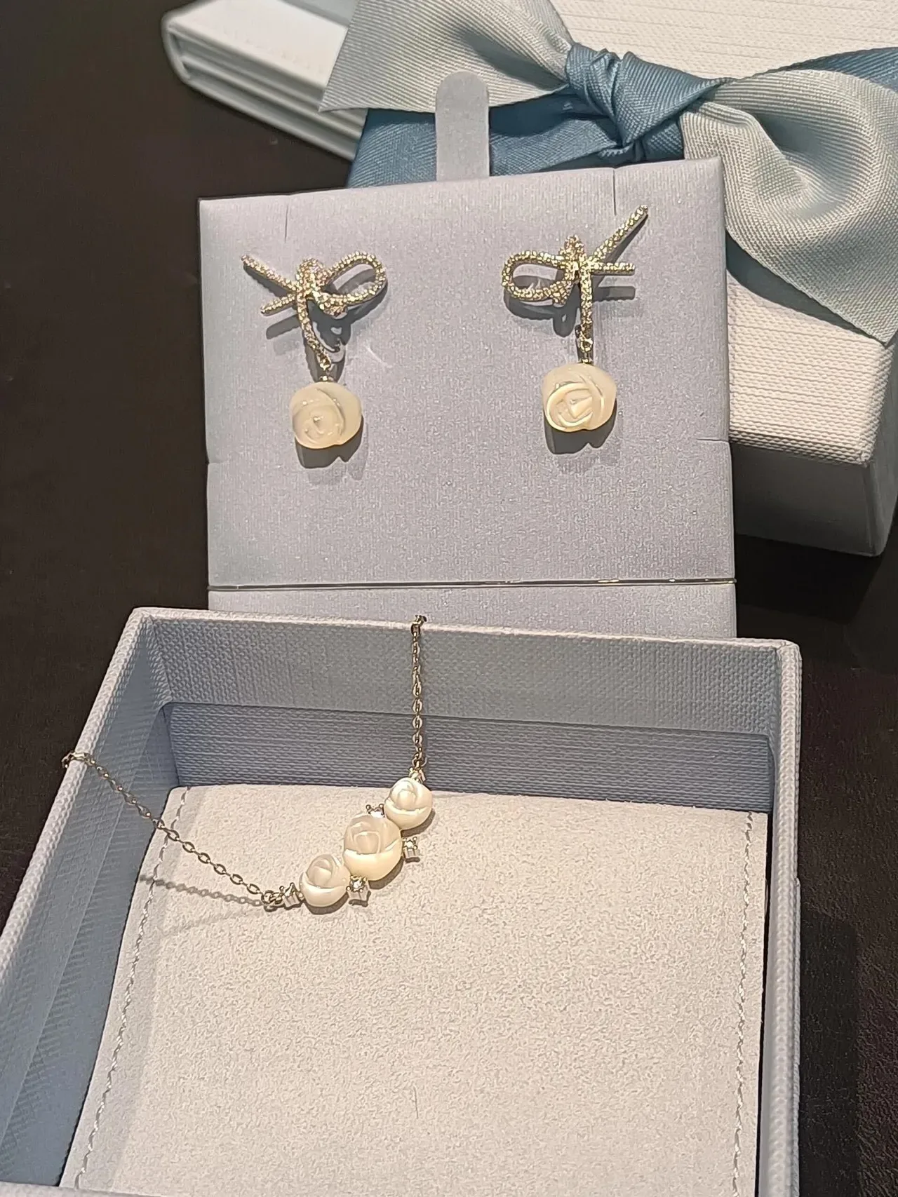 Rose and Crystal Bow Drop Earrings 3