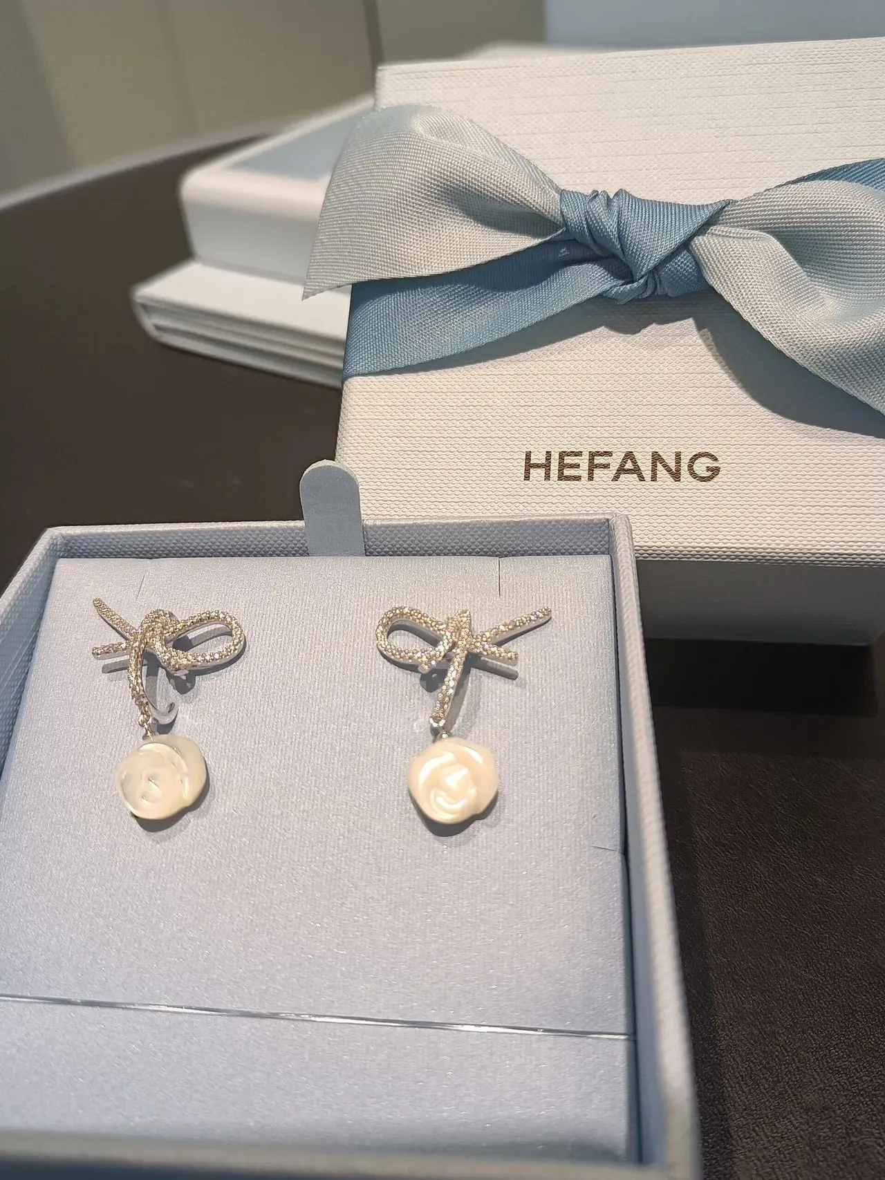 Rose and Crystal Bow Drop Earrings 7