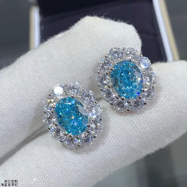 Sea Blue Oval Halo Cluster Stud Earrings 3