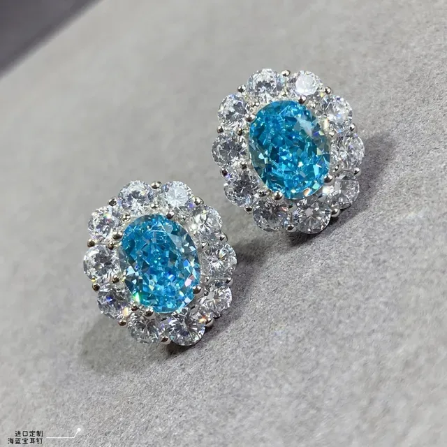 Sea Blue Oval Halo Cluster Stud Earrings 7