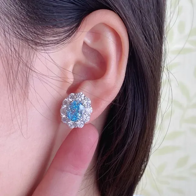 Sea Blue Oval Halo Cluster Stud Earrings 9