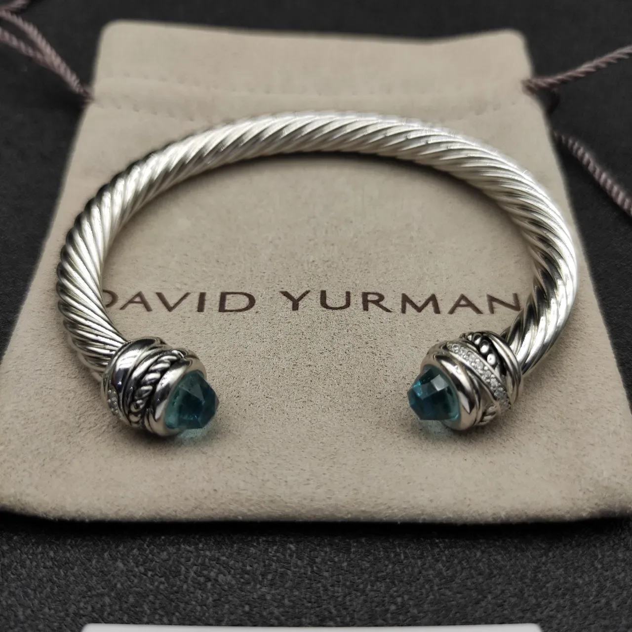 Silver Blue Twisted Cable Open Cuff Bracelet 5