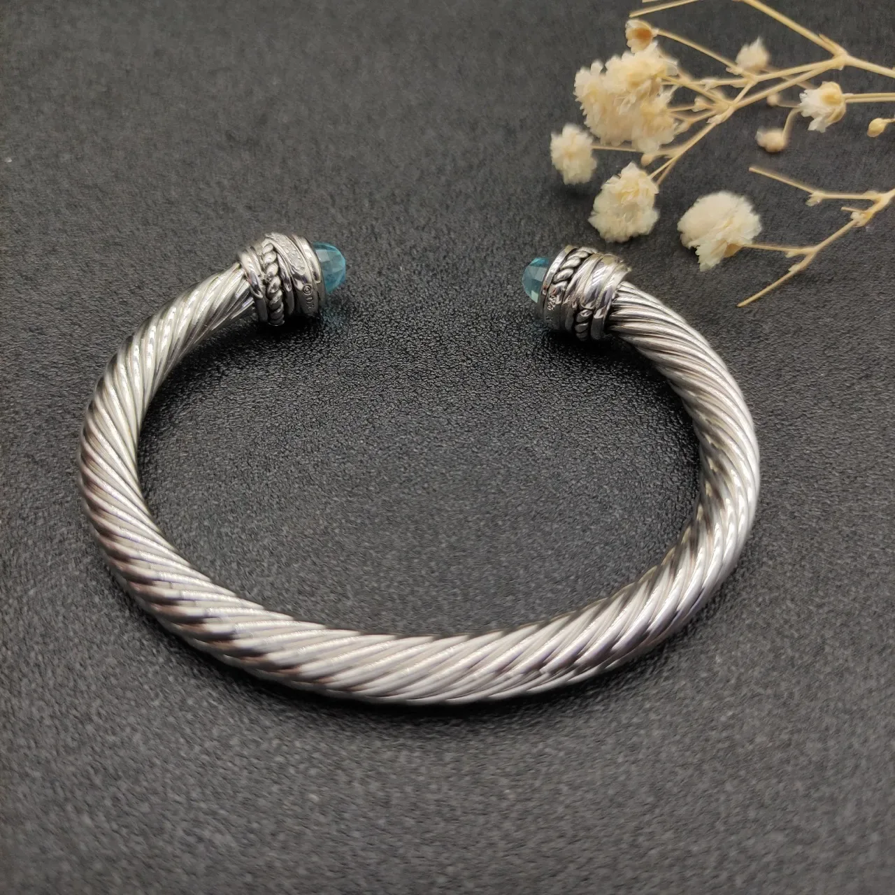 Silver Blue Twisted Cable Open Cuff Bracelet 6