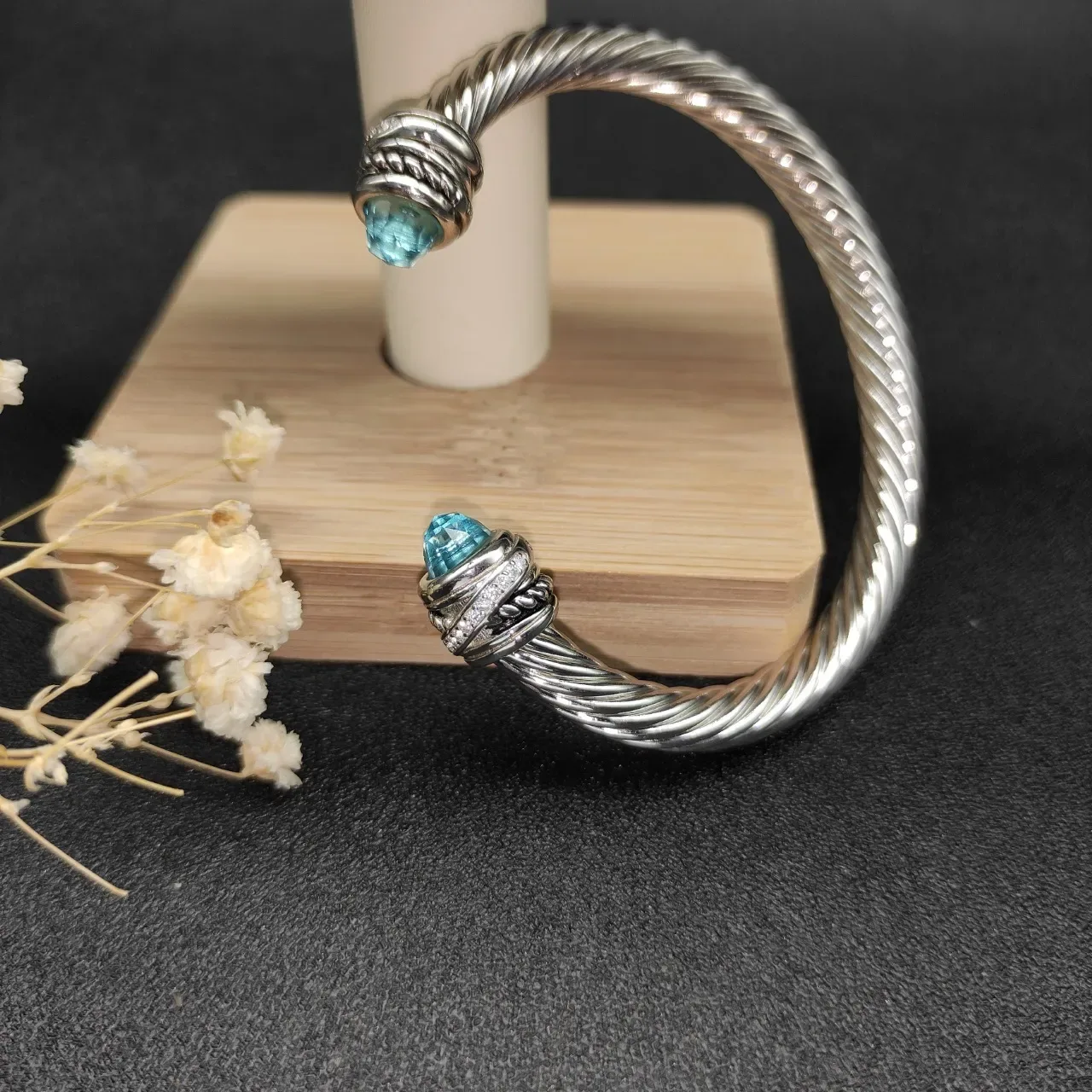 Silver Blue Twisted Cable Open Cuff Bracelet 8