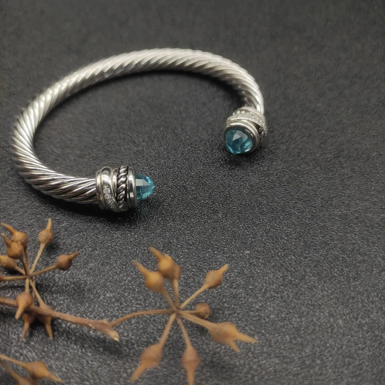 Silver Blue Twisted Cable Open Cuff Bracelet 9