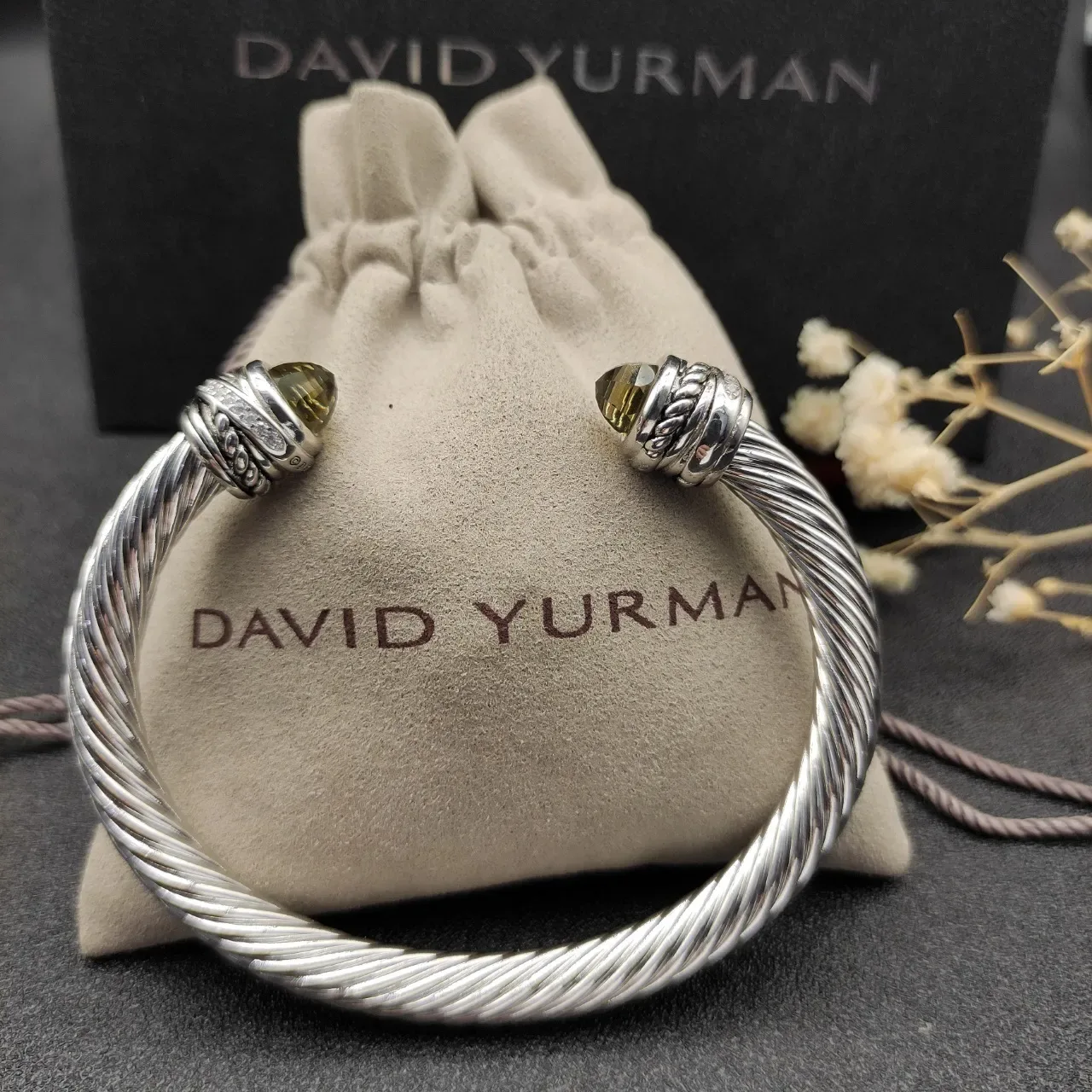 Silver Brown Twisted Cable Construction Faceted Olive-Green Stone Terminals Bracelet 4