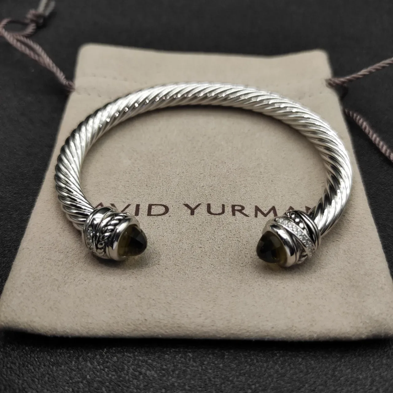 Silver Brown Twisted Cable Construction Faceted Olive-Green Stone Terminals Bracelet 5